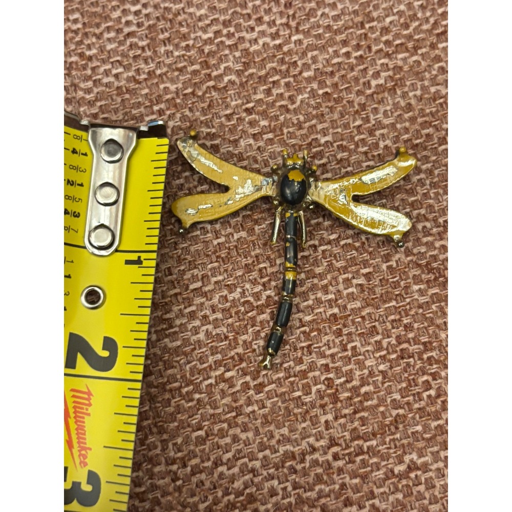 Vintage Dragonfly Brooch Yellow Black Enamel Insect Pin Distressed Jewelry - Picture 5 of 5
